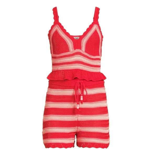Madden NYC Red and White Striped crocheted 2 piece Romper - Picture 2 of 6